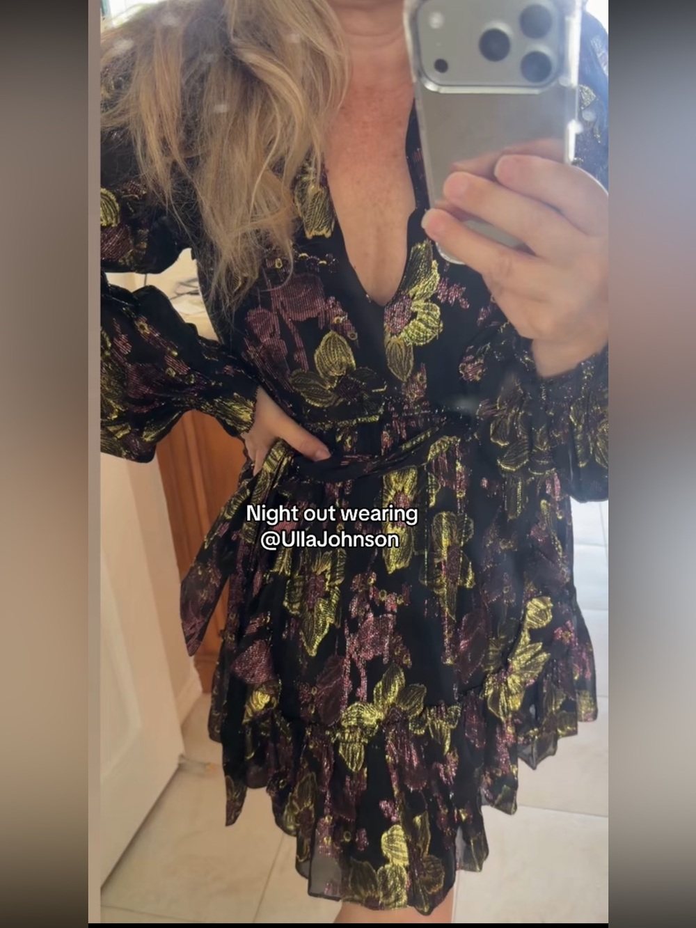 ULLA JOHNSON RARE SHINY METALLIC FLORAL PATERN RUFFLED MINI DRESS Black Gold 6